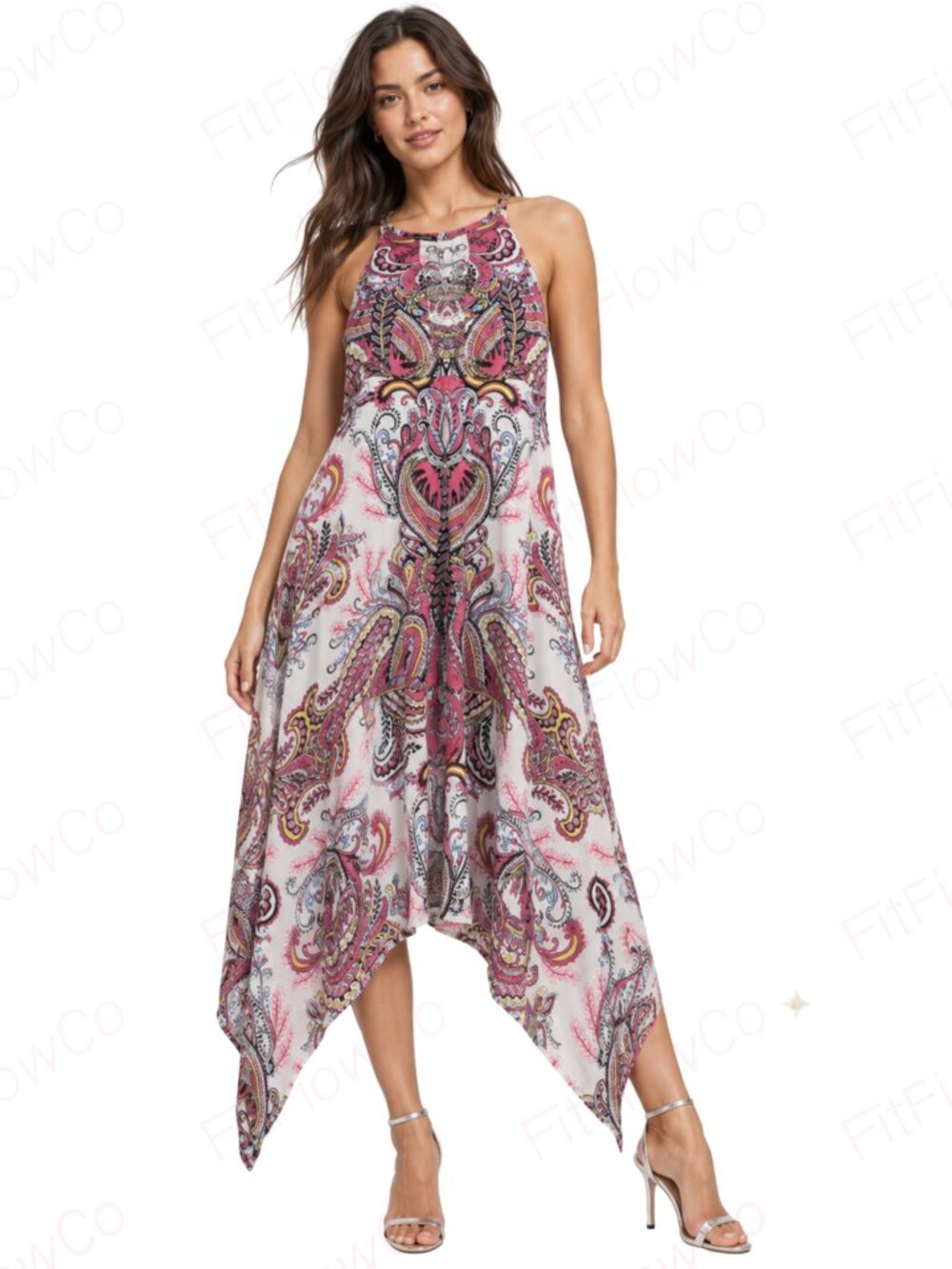INC Paisley Halter Dress Pink Size S Asymmetrical Handkerchief Hem